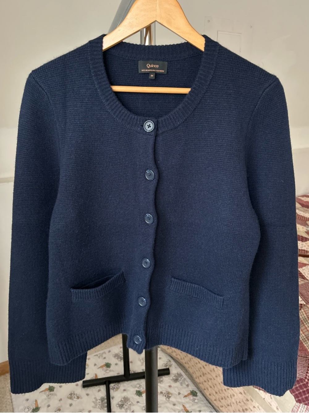 Quince 100% Cashmere Structured Cardigan Sweater Navy Blue Medium